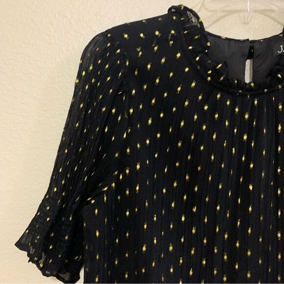 J. Crew Blouse Women’s Medium Black Yellow Sheer Polka Dot Ruffle Neck. - Picture 3 of 14